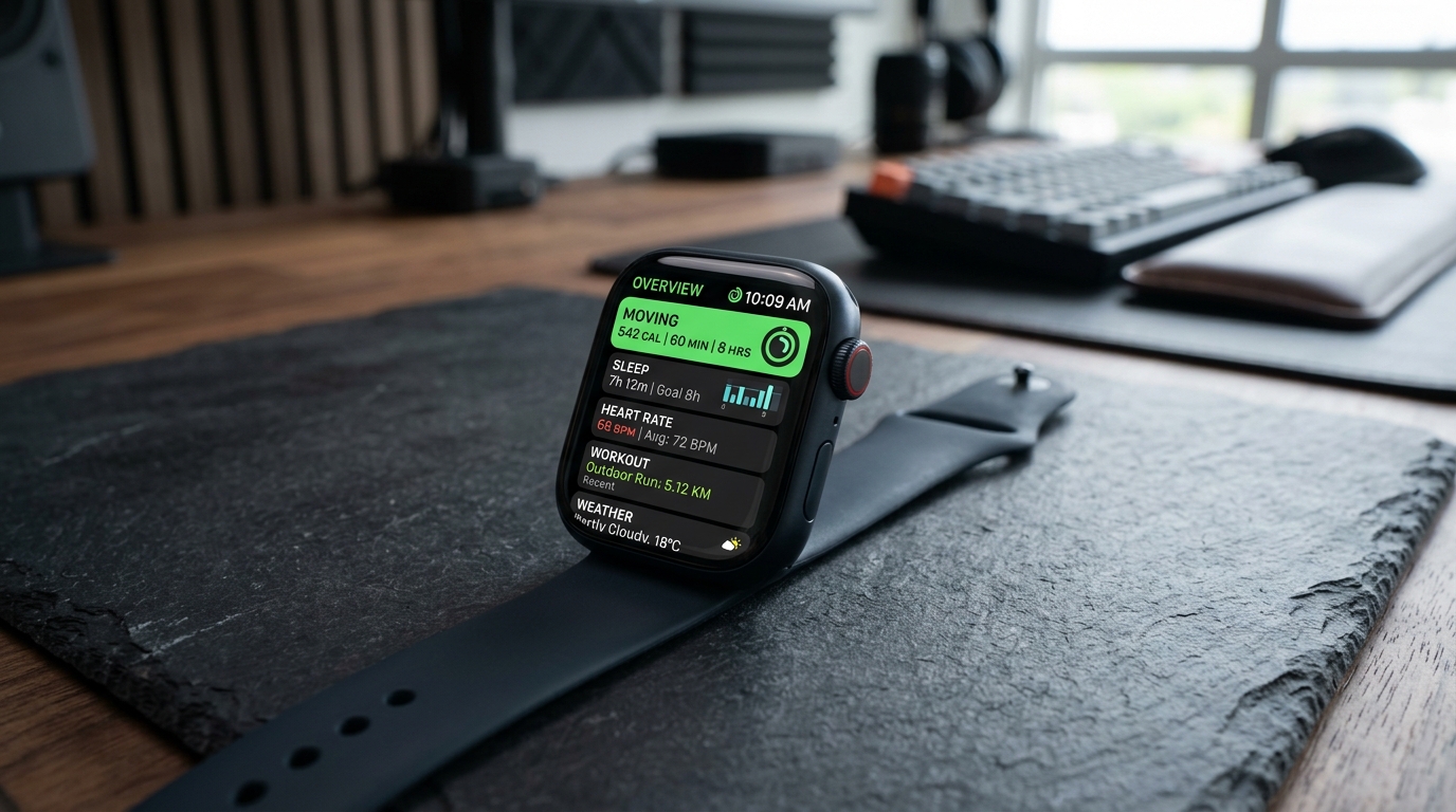 AURA Apple Watch companion displaying glanceable T-5 card and HealthKit safety check-in