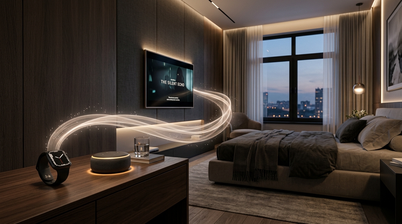 Aura smart watch transmitting smooth ambient focus packets to bedroom TV and Echo speaker