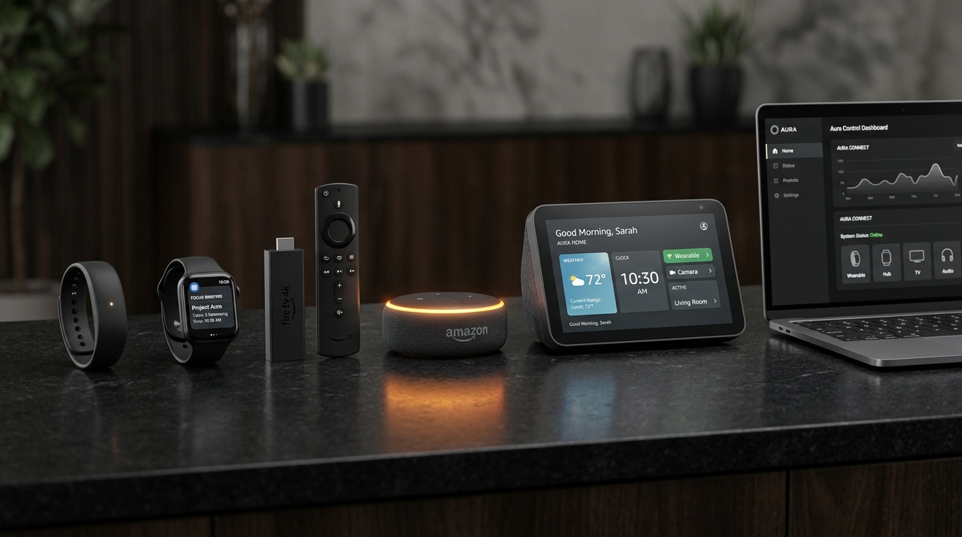 Connected Device Fleet Lineup: Aura wearable, Apple Watch, Fire TV 4K, Echo Dot, Echo Show, and laptop control plane