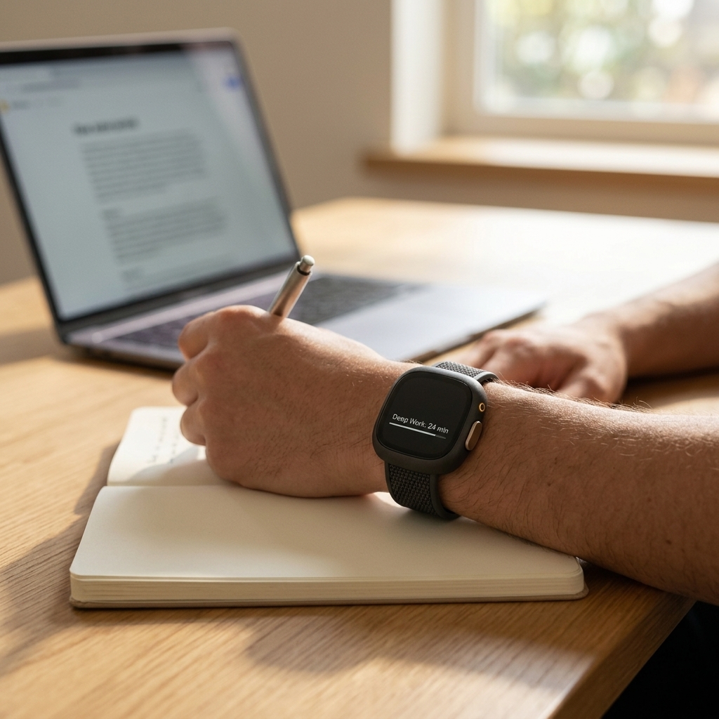 Professional wearing AURA Orbit at desk while writing notes in journal with laptop in background